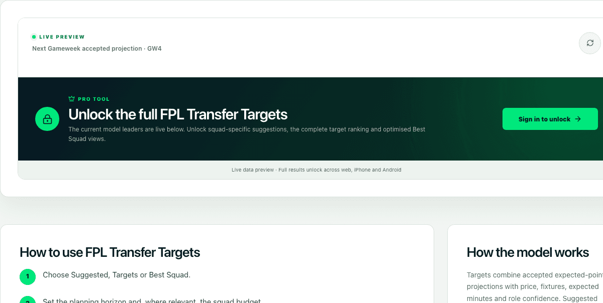 FPL Transfer Targets interface preview