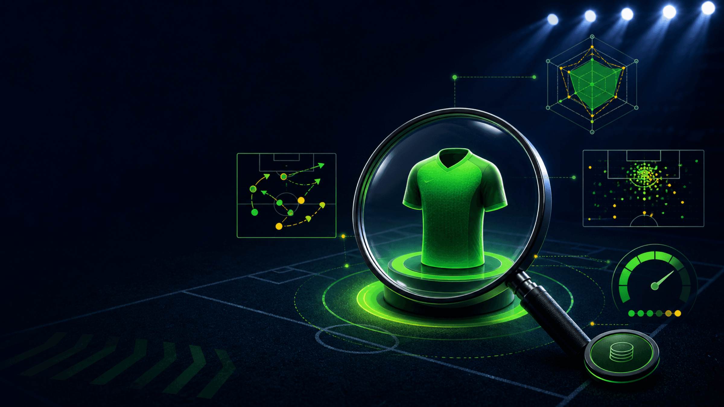 A generic shirt is examined through a scouting lens beside radar, shot-map and minutes motifs.