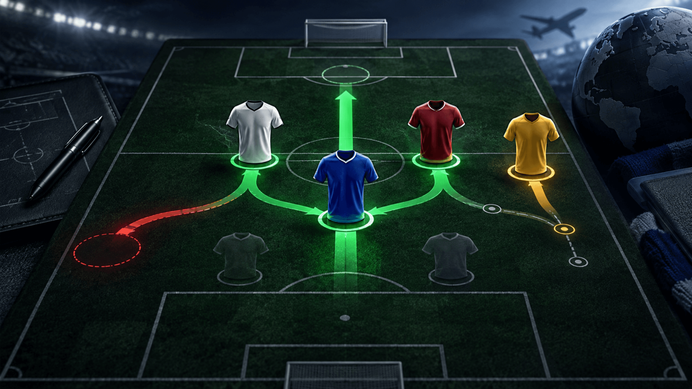 Six generic football shirts sit on a tactical pitch with branching green transfer routes, a red exit path and travel motifs.