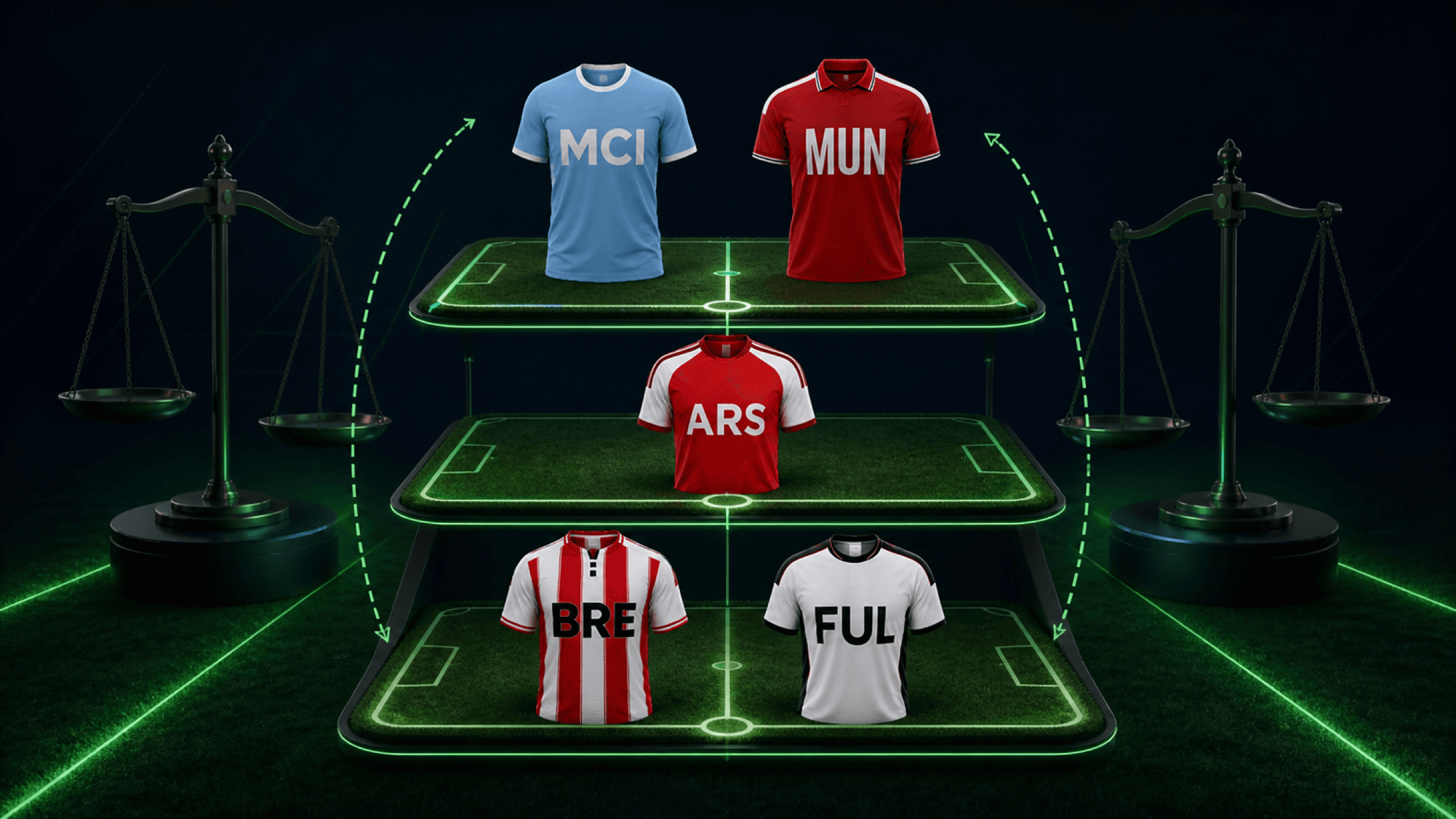 Five illustrated team shirts arranged on three pitch tiers beside balance scales and green planning arrows.