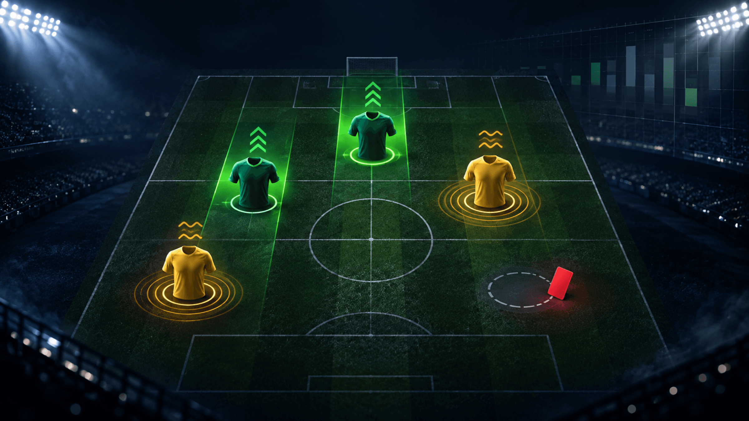 Four generic football shirts sit on a tactical pitch with green performance lanes, amber risk rings and a red-card marker.