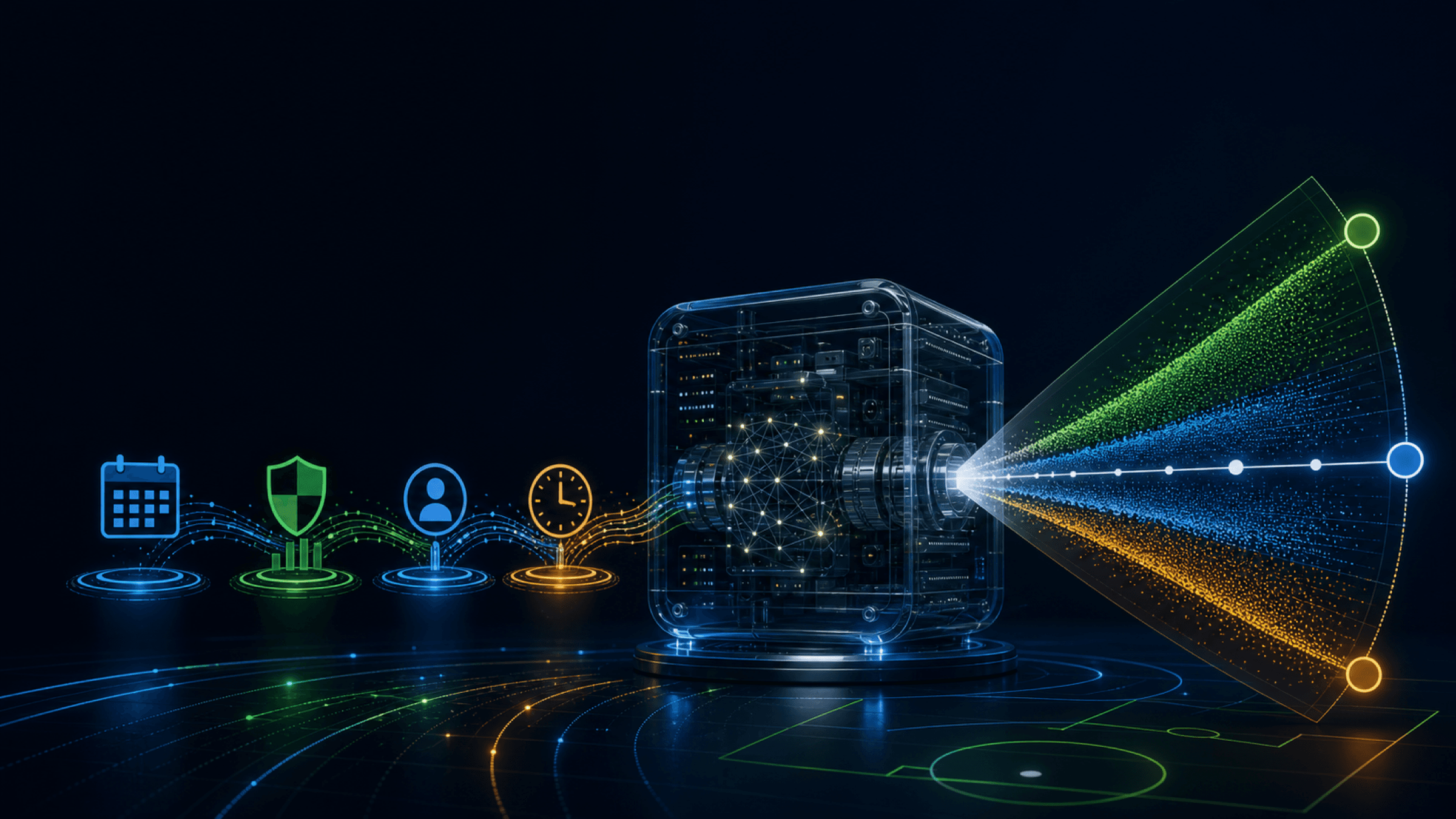 Calendar, shield, player and clock icons feed a transparent model engine, which projects green, blue and amber paths across a dark pitch.